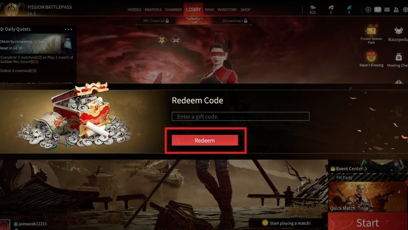 Nhập mã giftcode Naraka Bladepoint vào ô “Enter a gift code” và bấm Redeem