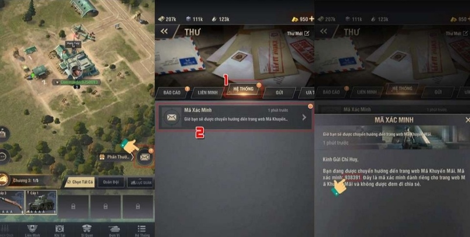 Quay lại giao diện game, nhấn vào biểu tượng Thư, chọn mục Hệ thống và mở thư để lấy mã xác minh
