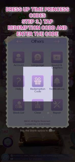 tiếp tục chọn mục “Redemption Code”