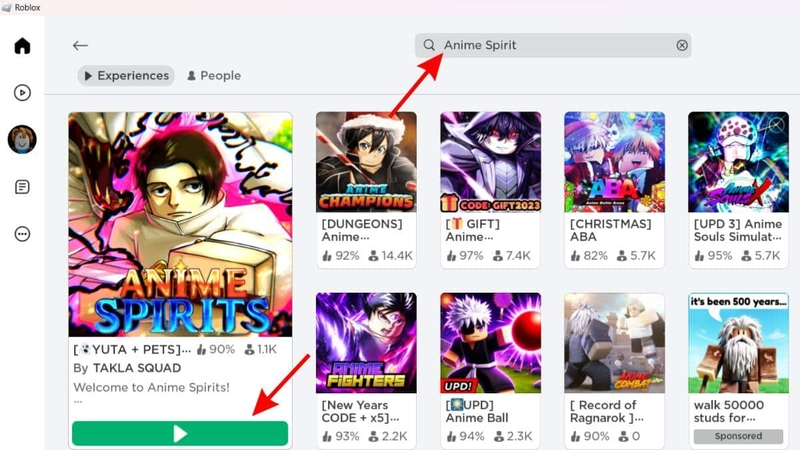 Truy cập ứng dụng Roblox, tìm kiếm tên game Anime Spirits và nhấn nút Play