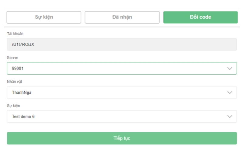 Chọn mục Đổi CODE trên giao diện sự kiện. Chọn đúng server và nhân vật