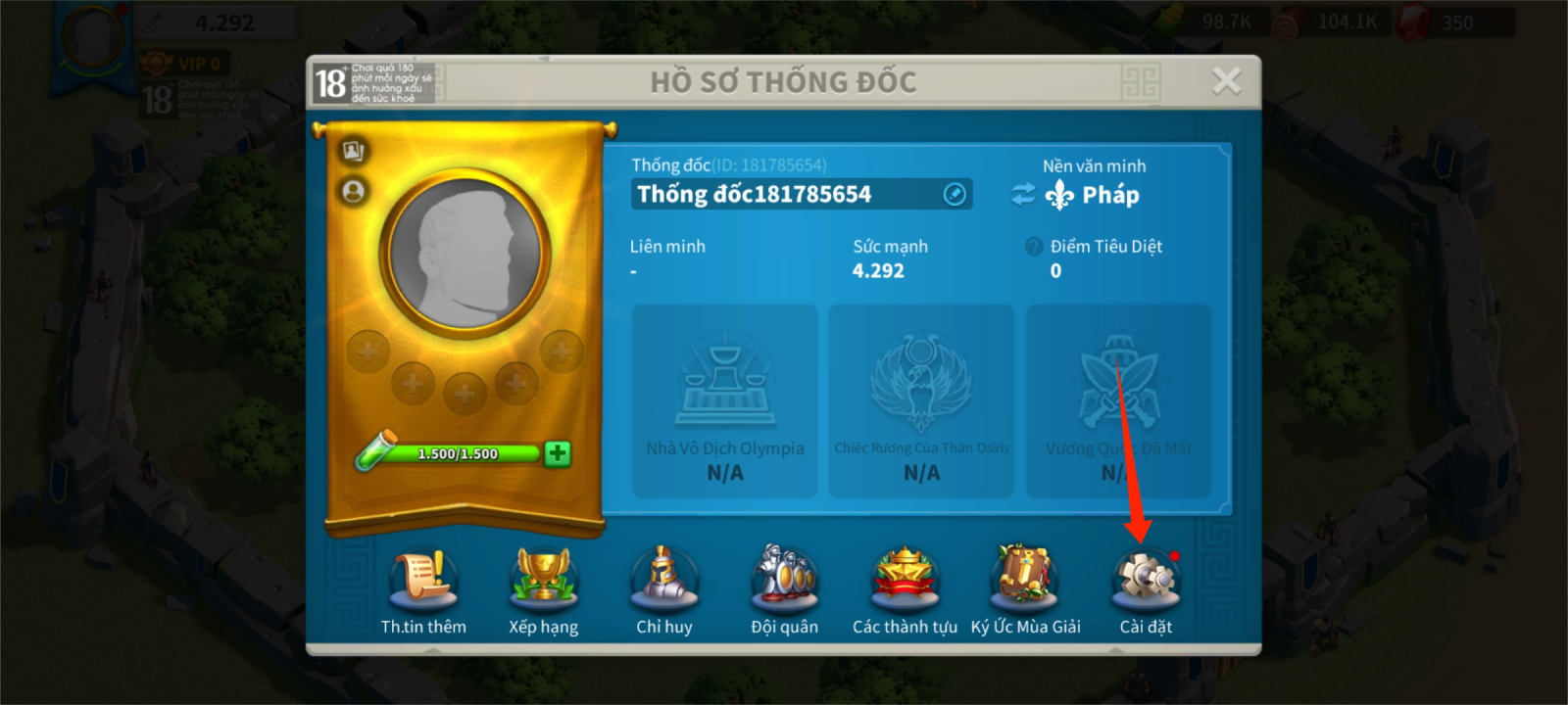 Chọn mục Cài đặt để truy cập các tùy chọn hệ thống