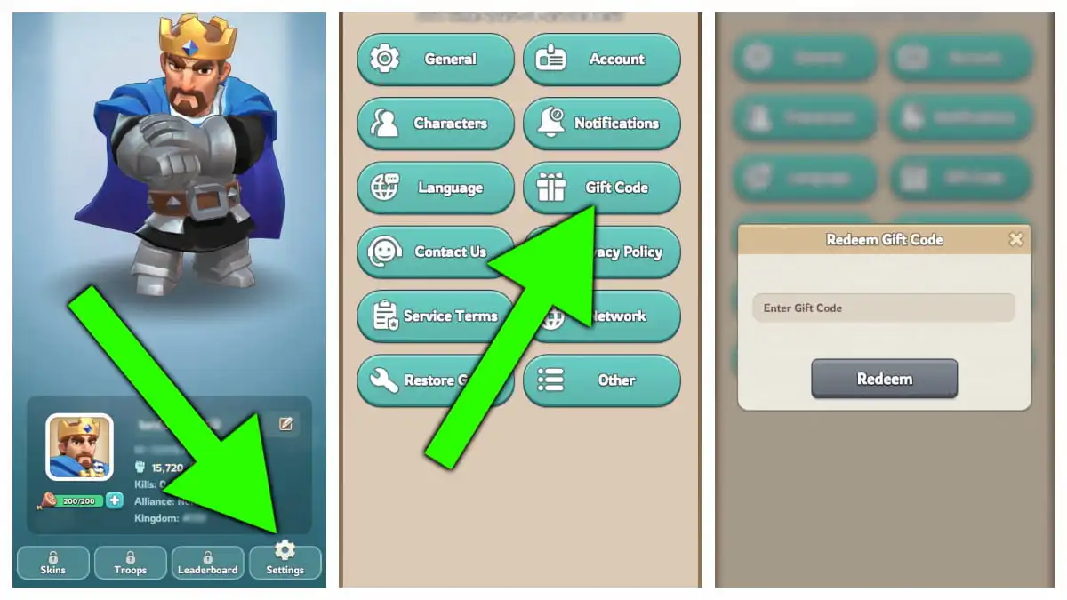 Chọn Settings, chọn Gift Code, nhập mã quà tặng và nhấn Redeem