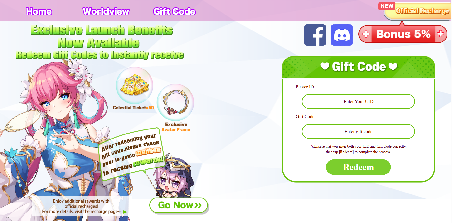 Nhập ID người chơi, điền giftcode vào ô tương ứng rồi nhấn Redeem