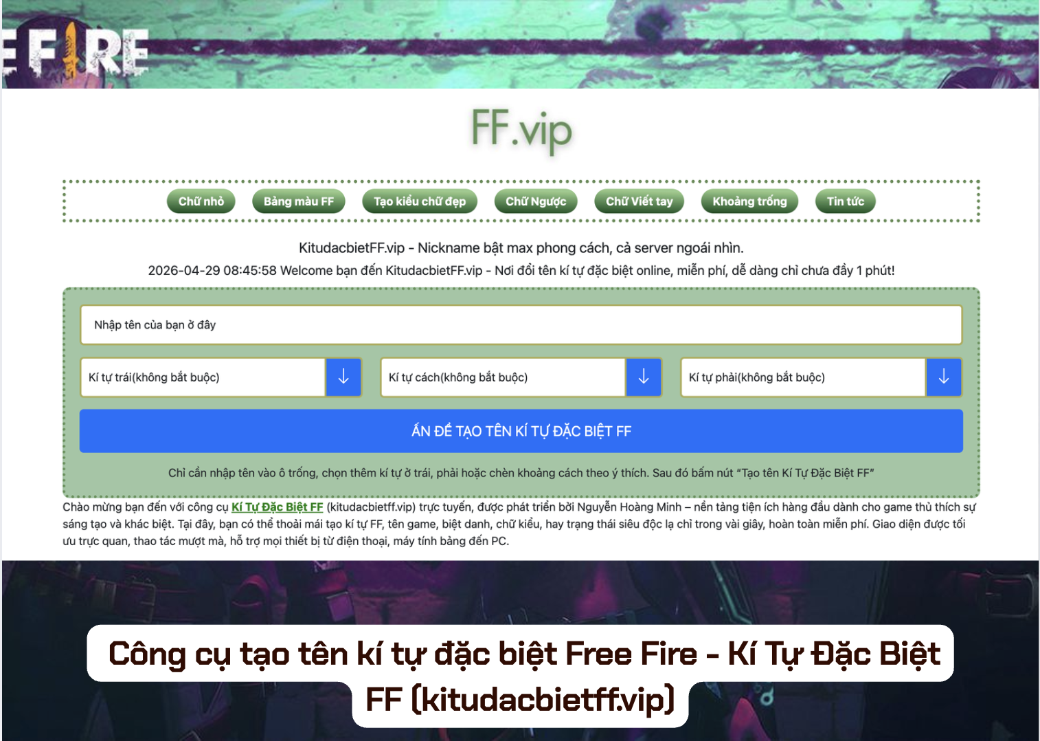 Công cụ Kí Tự Đặc Biệt FF (kitudacbietff.vip) - Chuyên kí tự Free Fire