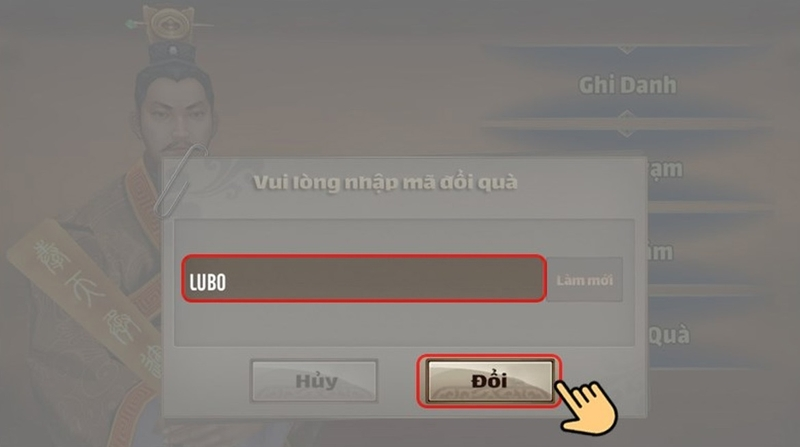 Nhập mã code Đại Chiến Tam Quốc vào ô trống và nhấn Đổi